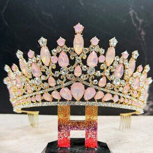 Pink Gemstone Tiara, Bridal Wedding Gold Crown, Birthday Princess Pink Crown